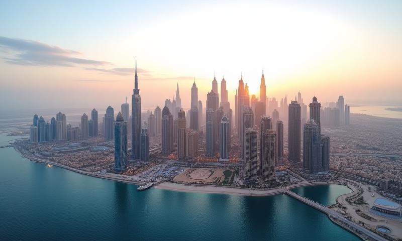 Aerial view of Dubai skyline and residential buildings at dusk